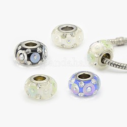 Grade A Polymer Clay Enamel European Beads, Large Hole Rondelle Beads, with Platinum Plated Brass Double Cores, Mixed Color, 16x9mm, Hole: 5mm
