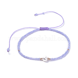 Bracelets de perles tressées en fil de nylon ajustable, avec des perles de verre en verre et qualifier une perle d’eau douce naturelle, lilas, 2-1/8 pouce (5.3 cm)