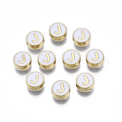 Legierung Emaille-Perlen, cadmiumfrei und bleifrei, Licht Gold, flach rund mit Alphabet, weiß, letter.j, 8x4 mm, Bohrung: 1.5 mm