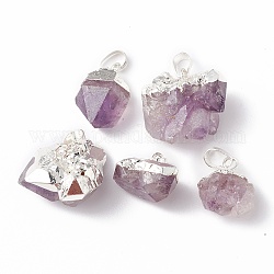 Rough Raw Natural Amethyst Pendants, Nuggets Charms, with Brass Snap on Bails, Silver, 21~33x14~28x11~19mm, Hole: 7x5mm
