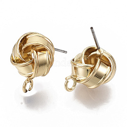 Iron Stud Earring Findings, with Loop, Raw(Unplated) Pin, Love Knot Earrings, Cadmium Free & Nickel Free & Lead Free, Golden, 16~17x12.5mm, Hole: 2mm, Pin: 0.8mm