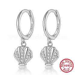 Rhodium Plated 925 Sterling Silver Micro Pave Cubic Zirconia Dangle Hoop Earrings, Shell Shape, with S925 Stamp, Platinum, 21mm