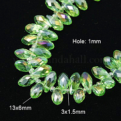 Plaquer des perles en verre à facettes en forme de larme, perles percées, de couleur plaquée ab , lime green, 11.5~13x6mm, Trou: 1mm, Environ 92~95 pcs/chapelet, 16.5 pouce