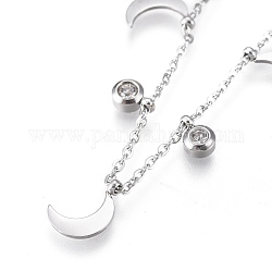 304 aus rostfreiem Stahl Halsketten, mit klaren Zirkonia, Kabelketten und runde Perlen, Mond, Edelstahl Farbe, 16.42 Zoll (41.7 cm)