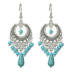 Boucles d'oreilles longues en perles turquoise synthétiques, Boucles d'oreilles lustre en alliage de style tibétain avec épingles en laiton, 63x24.5mm