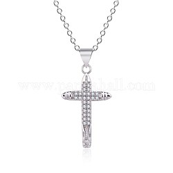 Brass Pendant Necklaces, Cross Micro Pave Clear Cubic Zirconia, Platinum, 17.51 inch(44.5cm)