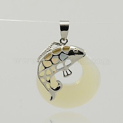 Opalite Pendants, with Brass Findings, Flat Round with Fish, Platinum Metal Color, 33.5x28x5mm, Hole: 4.5x7mm