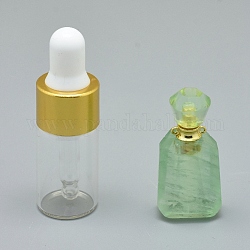 Кулоны флаконы из граненого натурального флюорита, с латунными находками и стеклянными бутылками с эфирным маслом, 30~40x14~18x11~14 мм, отверстие : 0.8 мм, Емкость стеклянной бутылки: 3 мл (0.101 жидких унции), Емкость драгоценного камня: 1 мл (0.03 жидких унции)