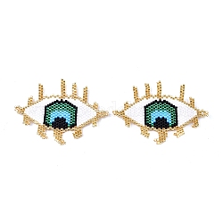 Connecteurs de liens de perles de rocaille faites à la main, avec du fil élastique, motif de tissage, oeil, colorées, 42~43x55~56x1.5mm, Trou: 3mm