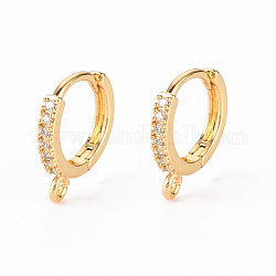 Brass Micro Pave Clear Cubic Zirconia Hoop Earring Findings, with Horizontal Loop, Real 18K Gold Plated, 14x13x2mm, Hole: 1.2mm, Pin: 1x0.6mm