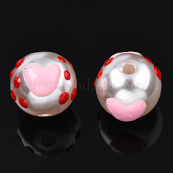 ABS-Kunststoff-Nachahmung Perlen, mit Emaille, Runde mit Herz, rosa, 12x11 mm, Bohrung: 2 mm