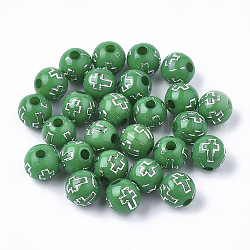 Perles acryliques plaquées, métal argenté enlaça, ronde avec la croix, verte, 8mm, Trou: 2mm
