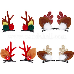 CRASPIRE 4 Pairs 4 Style Christmas Theme Antler Cloth & Iron Alligator Hair Clips, Hair Accessories for Women Girls, Mixed Color, 72~77x46~54x10~26.5mm, 1 pair/style