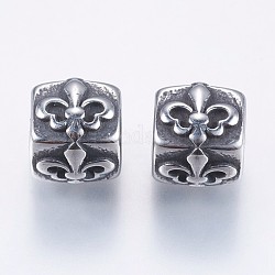 304 perline in acciaio inossidabile, cubo con fleur de lis, argento antico, 7.5x7x7.5mm, Foro: 3.5 mm