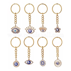 Porte-clés strass émail mauvais œil, avec les accessoires en alliage, fleur/plat rond/oeil, 7.2 cm, 8 pièces / kit