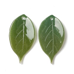 Undurchsichtige Harzanhänger, Blatt, olivgrün, 26x13.8x2 mm, Bohrung: 1.2 mm