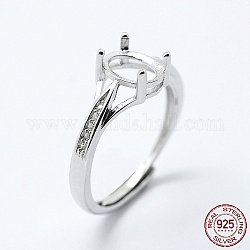 Componenti per anello da dito in argento sterling placcato rodio, con zirconi, regolabile, ovale, platino, misura 925 (7mm), 17 mm di larghezza, vassoio: 2mm