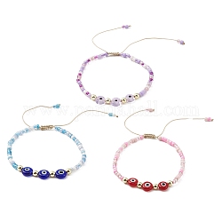 Ensemble de bracelets en perles tressées, 3 couleurs, lampe mauvais œil et graines de verre, 3 pièce, bracelets réglables en nylon, couleur mixte, diamètre intérieur: 2~3-3/8 pouce (5.05~86.5 cm), 1 pc / couleur