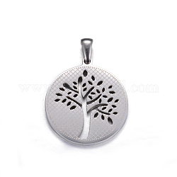 304 Stainless Steel Pendants, Flat Round with Tree of Life, Stainless Steel Color, 27.5x25x2mm, Hole: 7x3mm