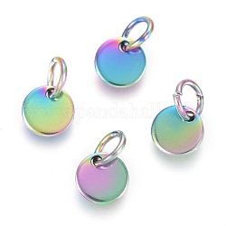 Ion Plating(IP) 304 Stainless Steel Charms, with Jump Rings, Blank Stamping Tag, Flat Round, Rainbow Color, 6x0.7mm, Hole: 3.5mm