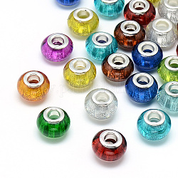 Resin European Beads, Large Hole Beads, with Silver Color Plated Brass Cores, Rondelle Large Hole Beads, Mixed Color, 13.5x9~9.5mm, Hole: 5mm