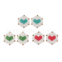 3 Paar 3-farbige geflochtene Hexagon-Ohrringe aus Glassamen mit Herz-Ohrsteckern, goldener Messingdrahtwickelschmuck für Frauen, Mischfarbe, 17x15 mm, Stift: 0.7 mm, 1 Paar / Farbe