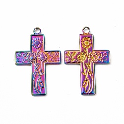 Ion Plating(IP) 304 Stainless Steel Pendants, Cross with Sunflower Charm, Rainbow Color, 35x23x1.8mm, Hole: 2.5mm