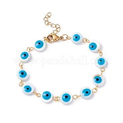 304 bracelets en perles de coquillage en acier inoxydable et émail, ronde, or, bleu profond du ciel, 6-1/2~6-3/4 pouce (16.5~17.2 cm)