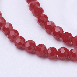 Faceted(32 Facets) Glass Beads Strands, Round, Red, 4mm, Hole: 1mm, about 88~90pcs/strand, 28~30cm