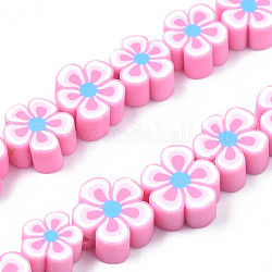 Handmade Polymer Clay Bead Strands, Flower, Pearl Pink, 7.5~10x7~11x3.5~5mm, Hole: 1.6mm, about 38~40pcs/strand, 13.58 inch~14.57 inch(34.5~37cm)