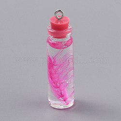 Transparent Glass Bottle Pendant Decorations, with Feather Inside and Plastic Stopper, Deep Pink, 41x11mm, Hole: 2mm