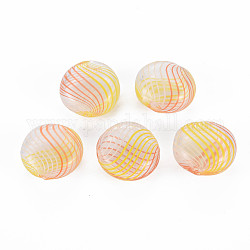 Transparent Handmade Blown Glass Globe Beads, Stripe Pattern, Flat Round, Yellow, 16~17.5x8~9.5mm, Hole: 1~2mm