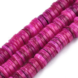 Natural Freshwater Shell Beads Strands, Dyed, Heishi Beads, Flat Round/Disc, Medium Violet Red, 8x1~2.5mm, Hole: 0.8mm, about 196~210pcs/strand, 15.16 inch~15.43 inch(38.5cm~39.2cm)