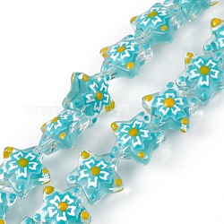 Handgemachte Murano Glas Perlen Stränge, mit Emaille, Stern mit Sakura-Muster, Zyan, 13x13.5x12 mm, Bohrung: 1 mm, ca. 33 Stk. / Strang, 14.72 Zoll (37.4 cm)