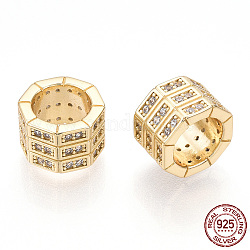 925 Sterling Silver Micro Pave Cubic Zirconia Beads, Octagon Column, Nickel Free, Real 18K Gold Plated, 9x9x6mm, Hole: 6mm