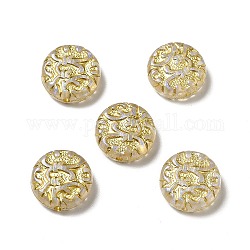 UV Plating Acrylic Beads, Golden Metal Enlaced, Flat Round with Floral, Gold, 14x5.5mm, Hole: 1.2mm, about 690pcs/500g