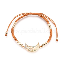 Mother's Day Gifts, Adjustable Nylon Cord Braided Bead Bracelets, with Brass Micro Pave Cubic Zirconia Links and Brass Round Beads, Moon with Word MOM, Golden, Chocolate, Inner Diameter: 2-1/4~3-3/4 inch(5.7~9.5cm)