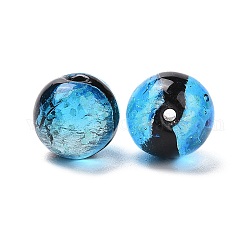 Perles en verre d'argent feuille manuelles, un style lumineux, brillent dans le noir, ronde, bleu ciel, 10mm, Trou: 1.4mm