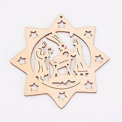 Pendentif en bois non teint, étoile à huit pointes, Pour thème de Noël, blanc antique, 99.5x3mm, Trou: 2mm