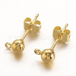 Golden Color Brass Post Earring Findings, with Loop, 15x6mm, Hole: 1mm, Ball: 4mm, Pin: 0.8mm