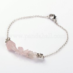 Bracelets de perles de pierre naturelle à la mode, avec des perles de style tibétain étoiles, chaînes en laiton et cuivre homard fermoirs griffe, quartz rose, 185mm