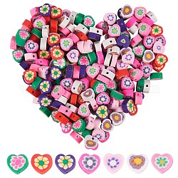 315 Stück 7 Farben handgefertigte Polymer Clay Perlen, Herz mit Blumenmuster, Mischfarbe, 9x9~10x4~5 mm, Bohrung: 1.5 mm, 45 Stk. je Farbe