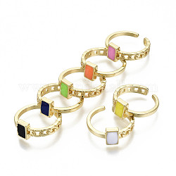Brass Enamel Cuff Rings, Open Rings, Nickel Free, Rectangle, Real 16K Gold Plated, Mixed Color, US Size 6 3/4(17.1mm)