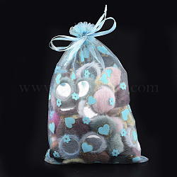 Печатные органза сумки, подарочные пакеты, с блеском порошок, Прямоугольник с сердцем, голубой, 19~20.5x13.5~14 см