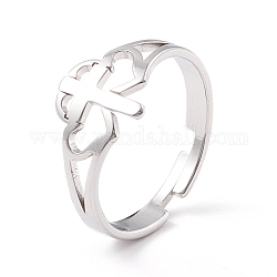 Double coeur avec croix 304 anneau réglable en acier inoxydable pour femme, couleur inoxydable, diamètre intérieur: taille américaine 7 1/4 (17.5 mm)