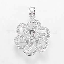 Brass Micro Pave Cubic Zirconia Peg Bails Pendants, For Half Drilled Beads, Real Platinum Plated, Flower, 21.5x18x3mm, Hole: 3x5mm, Pin: 1mm