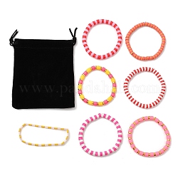 Set di braccialetti elastici da surfista heishi in argilla polimerica 7 pz 7, braccialetti di semi di vetro, gioielli preppy per le donne, rosso ciliegia, diametro interno: 2-1/8 pollice (5.5 cm), 1pc / style