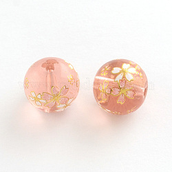 Flower Picture Frosted Glass Round Beads, with Gold Metal Enlaced, Misty Rose, 14x13mm, Hole: 1.5mm