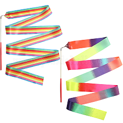Creatcabin 2шт 2 стильные танцевальные ленты из поликоттона с палочкой, Радужная лента для художественной гимнастики для детей, разноцветные, 2270~2428 мм, 1шт / стиль