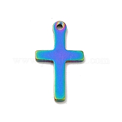 Ion Plating(IP) 201 Stainless Steel Pendants, Cross Charms, Rainbow Color, 15.5x9x1mm, Hole: 1mm